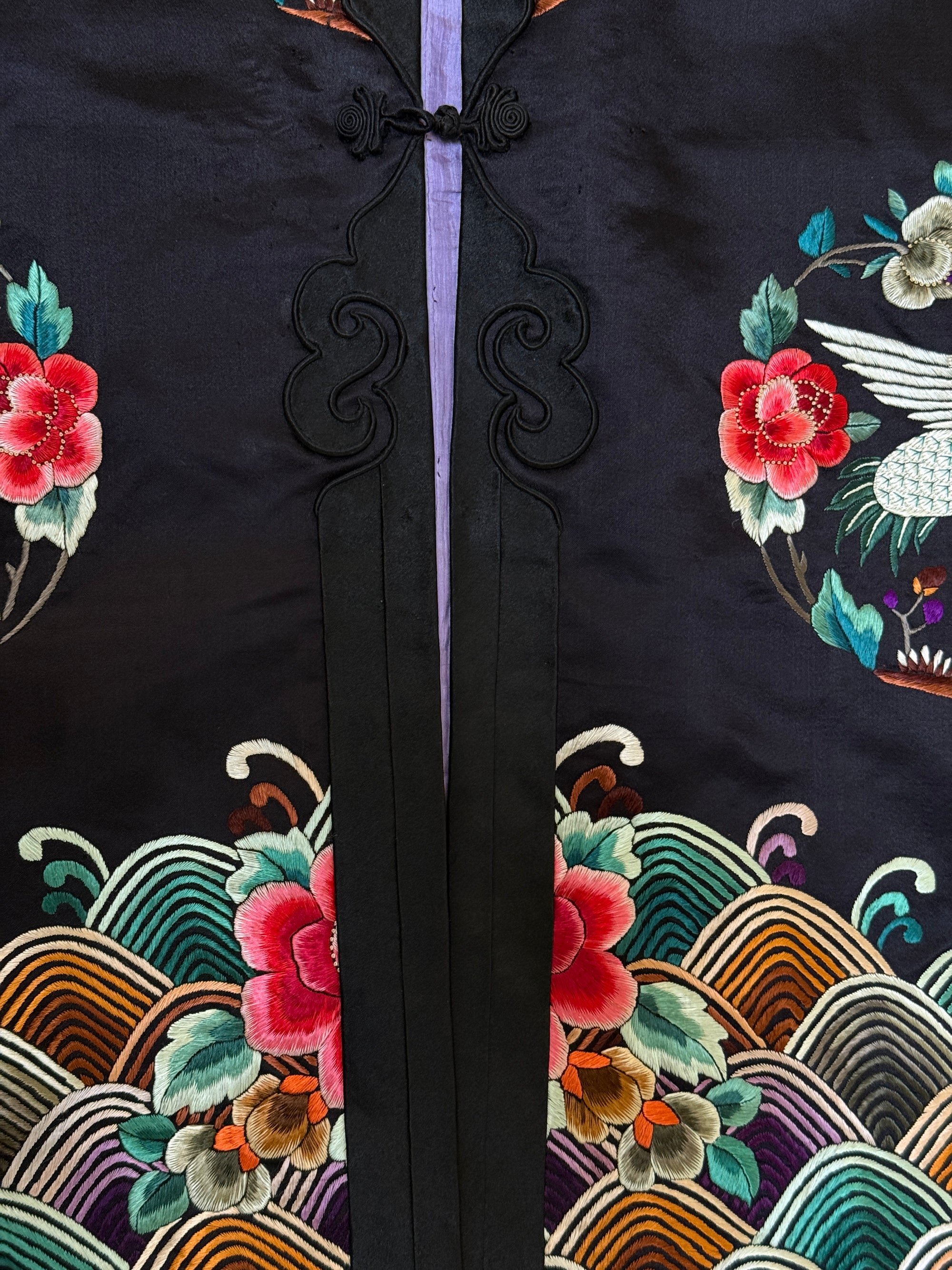 Vintage 1920’s Chinese Silk Jacket | Antique Hand Embroidery Crane Floral Motif Silk