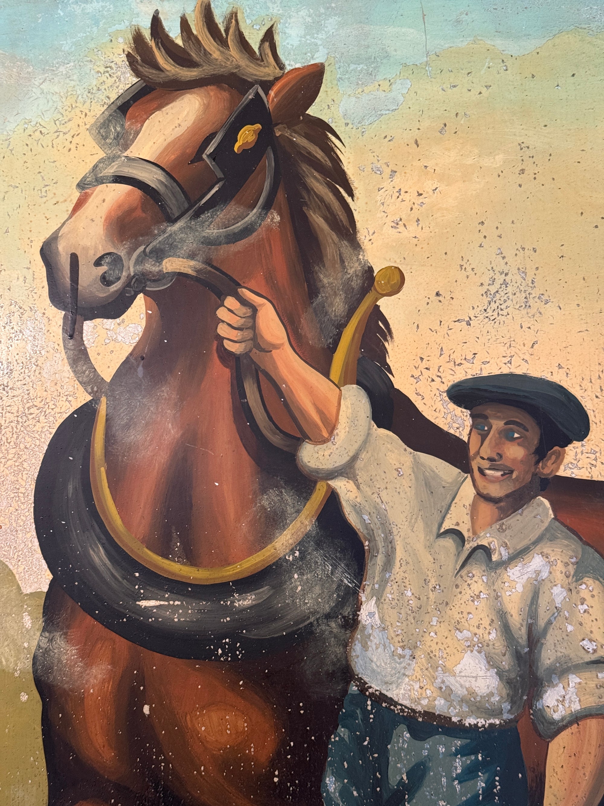 Vintage English MCM Pub Sign "The Steamer" | Mid Century Horse &amp; Cart Tavern Wall Art | Framed British Bar Hand Painted Art