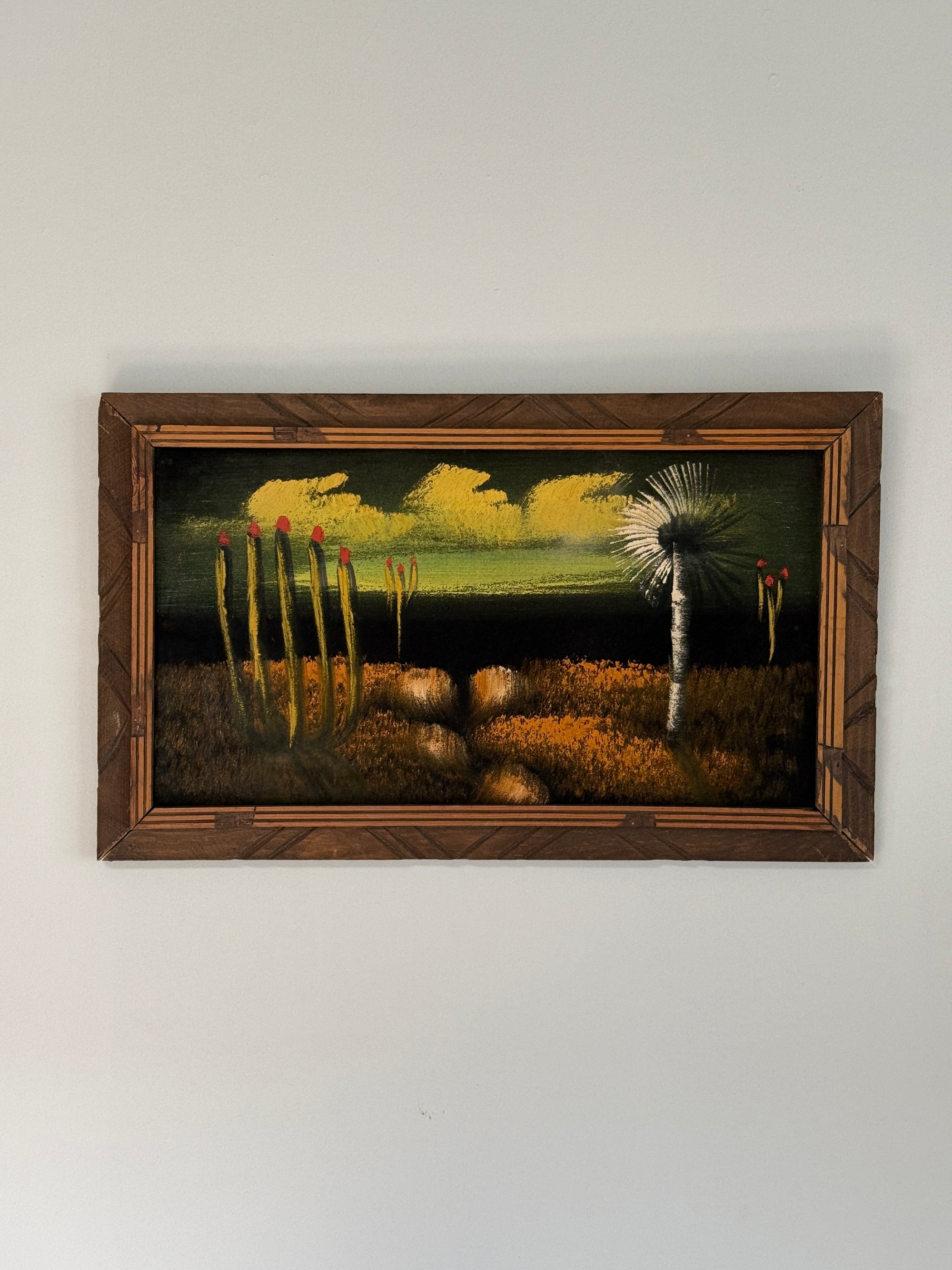 Vintage Mid Century Modern Desert Landscape Black Velvet Painting | MCM Cactus &amp; Yucca Wall Art | Southwestern Framed Original Artwork