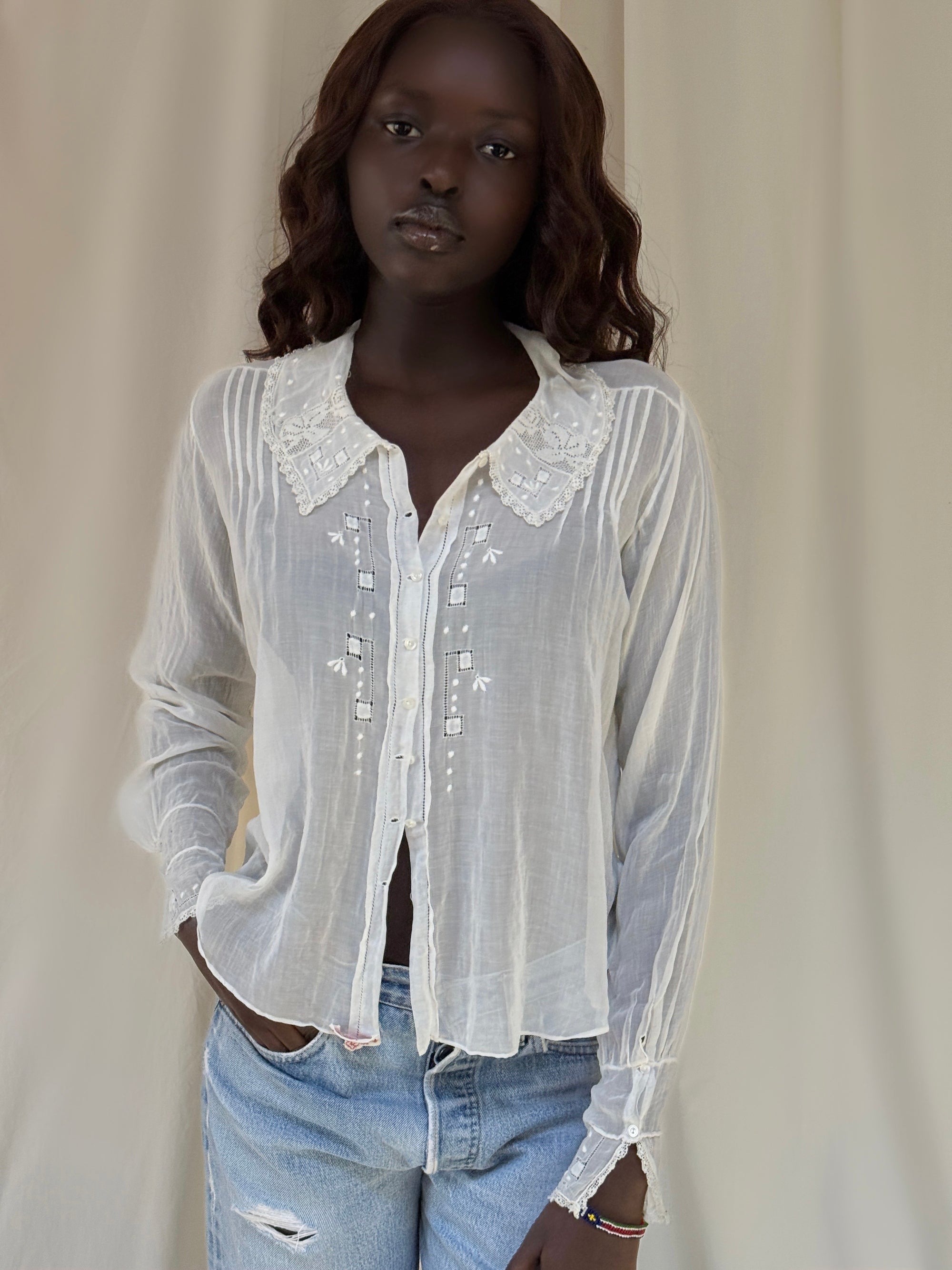 Antique 1900s Edwardian White Blouse | Antique Sheer Cotton Top with Embroidered Collar