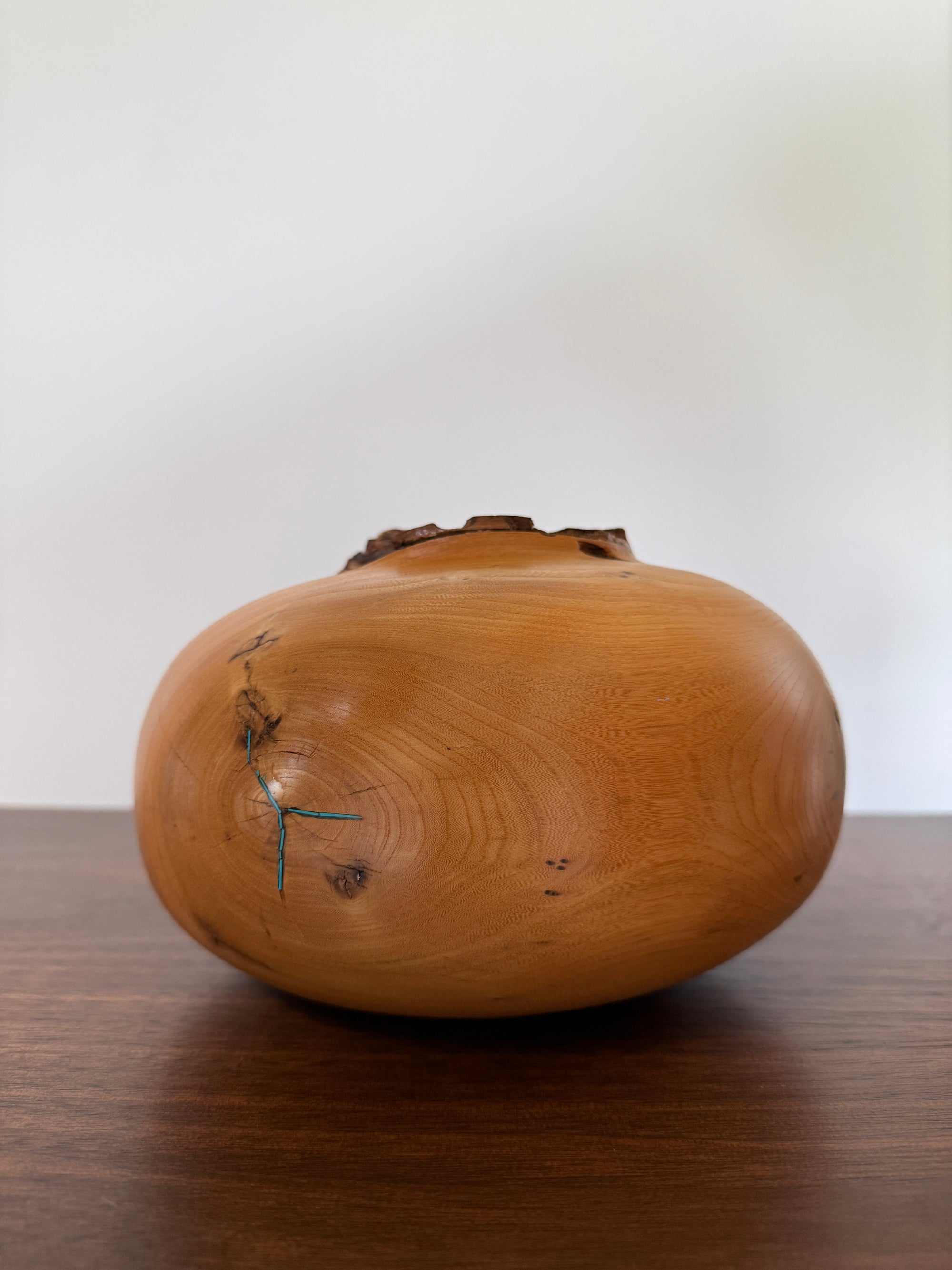 Vintage Signed Hand Turned Elm Fork Turquoise Inlay Burl Wood Bowl | Live Edge Natural Art Turned Vessel