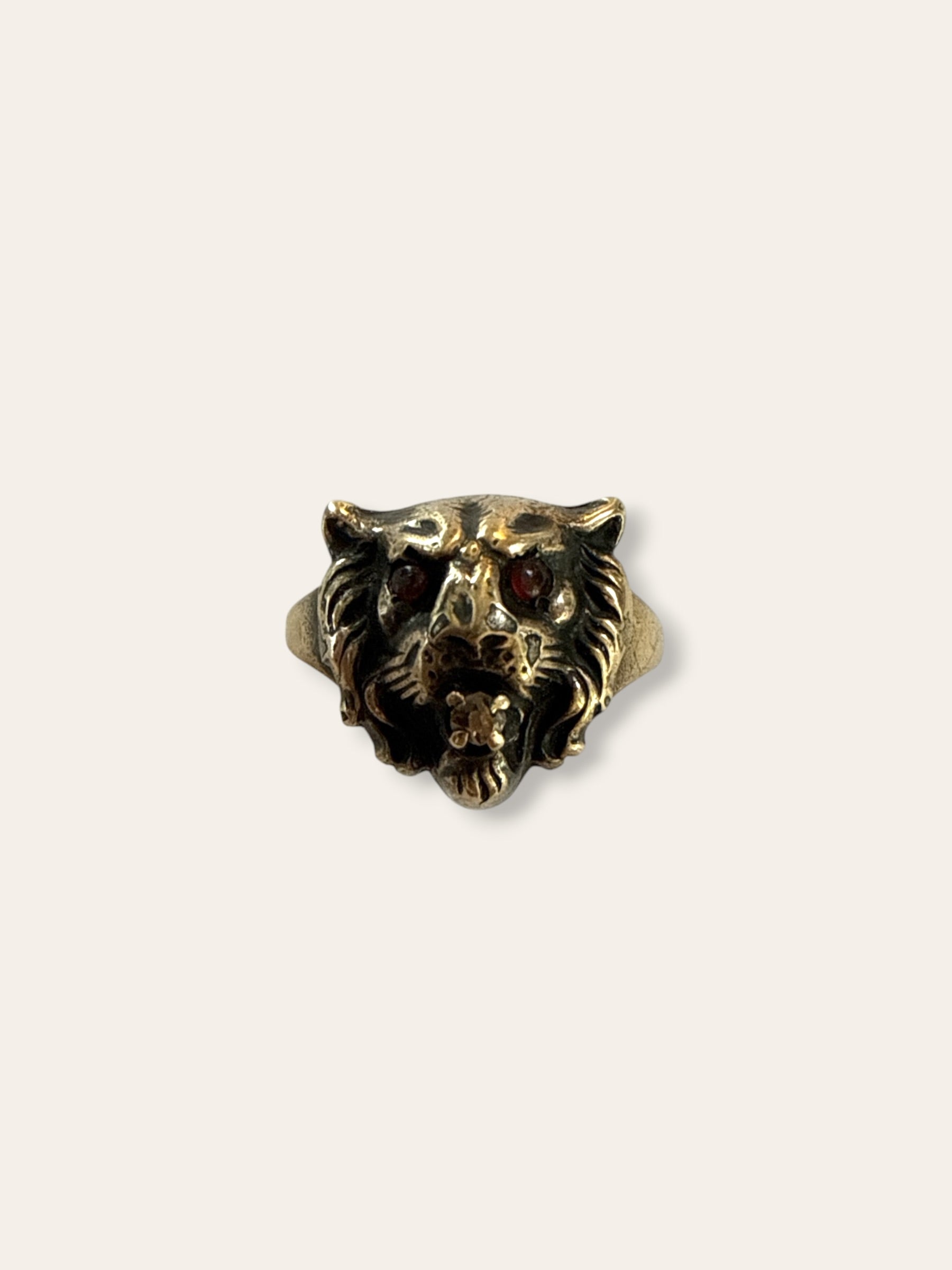 Antique Victorian 9ct Gold Lion Ring | Garnet Eyes &amp; Natural Diamond Accent Ring Size 6.5