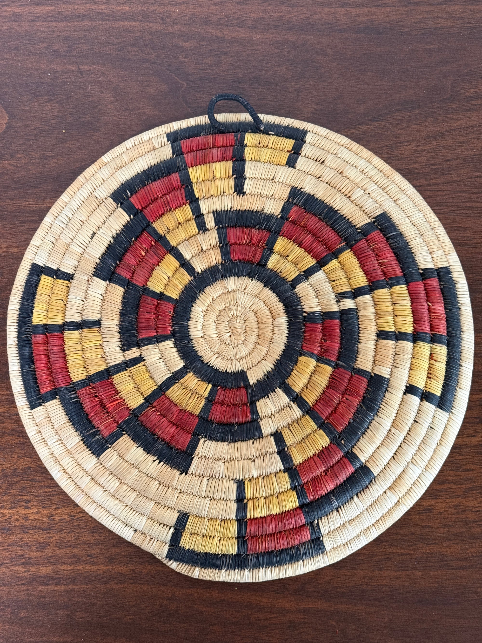 Vintage Hopi Coiled Flat Basket | Handwoven Native American Wall Art | Geometric Polychrome Woven Basket Tray