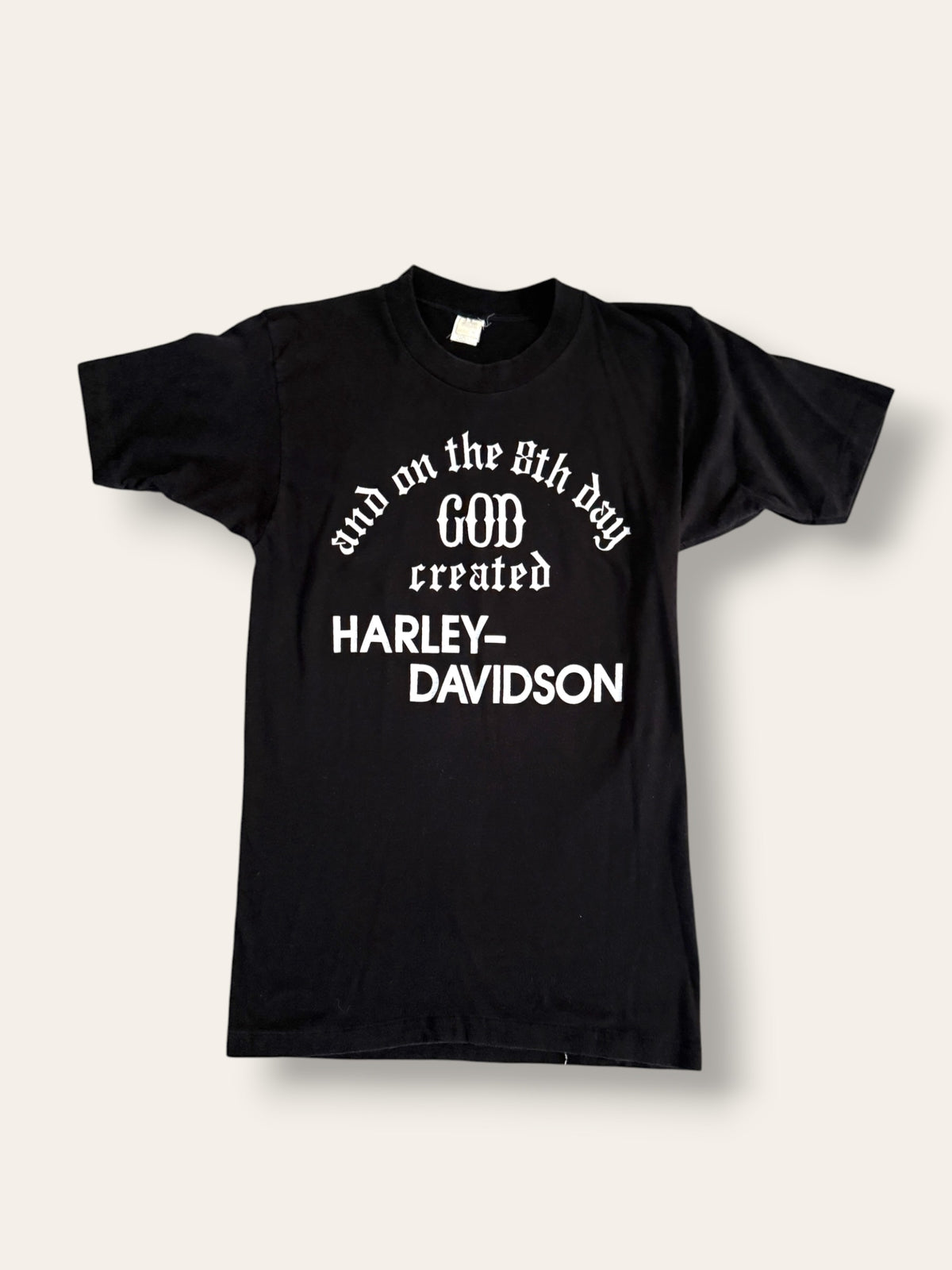 Vintage 1980s Harley-Davidson "8th Day God Created Harley" Old English T-Shirt | Mathews Des Moines 60s Logo Harley Tee