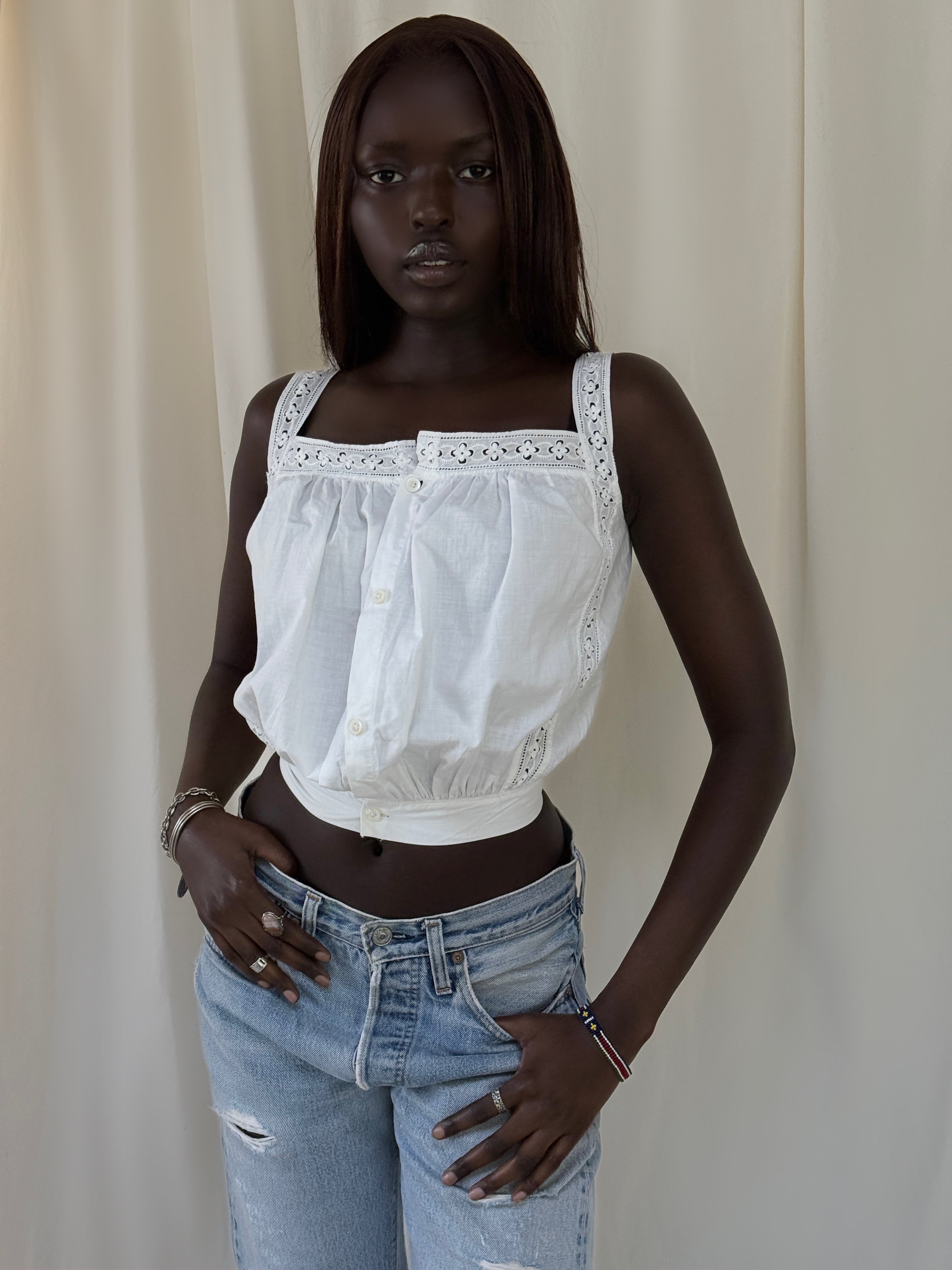 トップス COTTON EYELET RIB UP DOWN CAMISOLE Vintage 1900 Edwardian Eyelet Tank Top | White Cotton Cropped