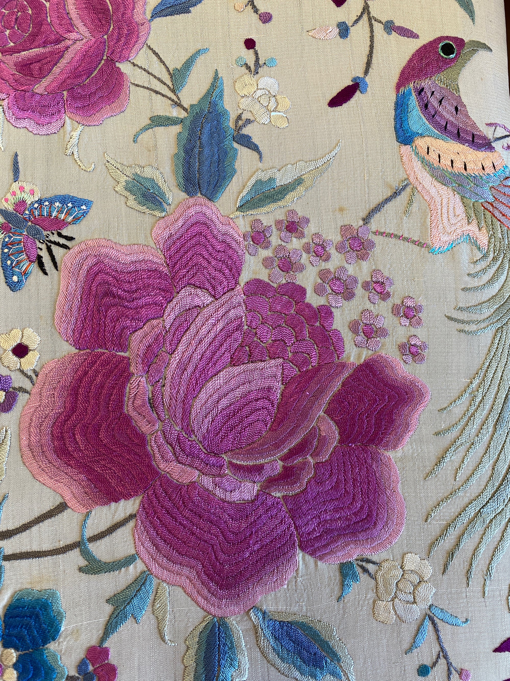 Vintage 1930s Manton de Manila Embroidered Silk Piano Shawl | Floral Bird Butterfly Motif With Long Fringe