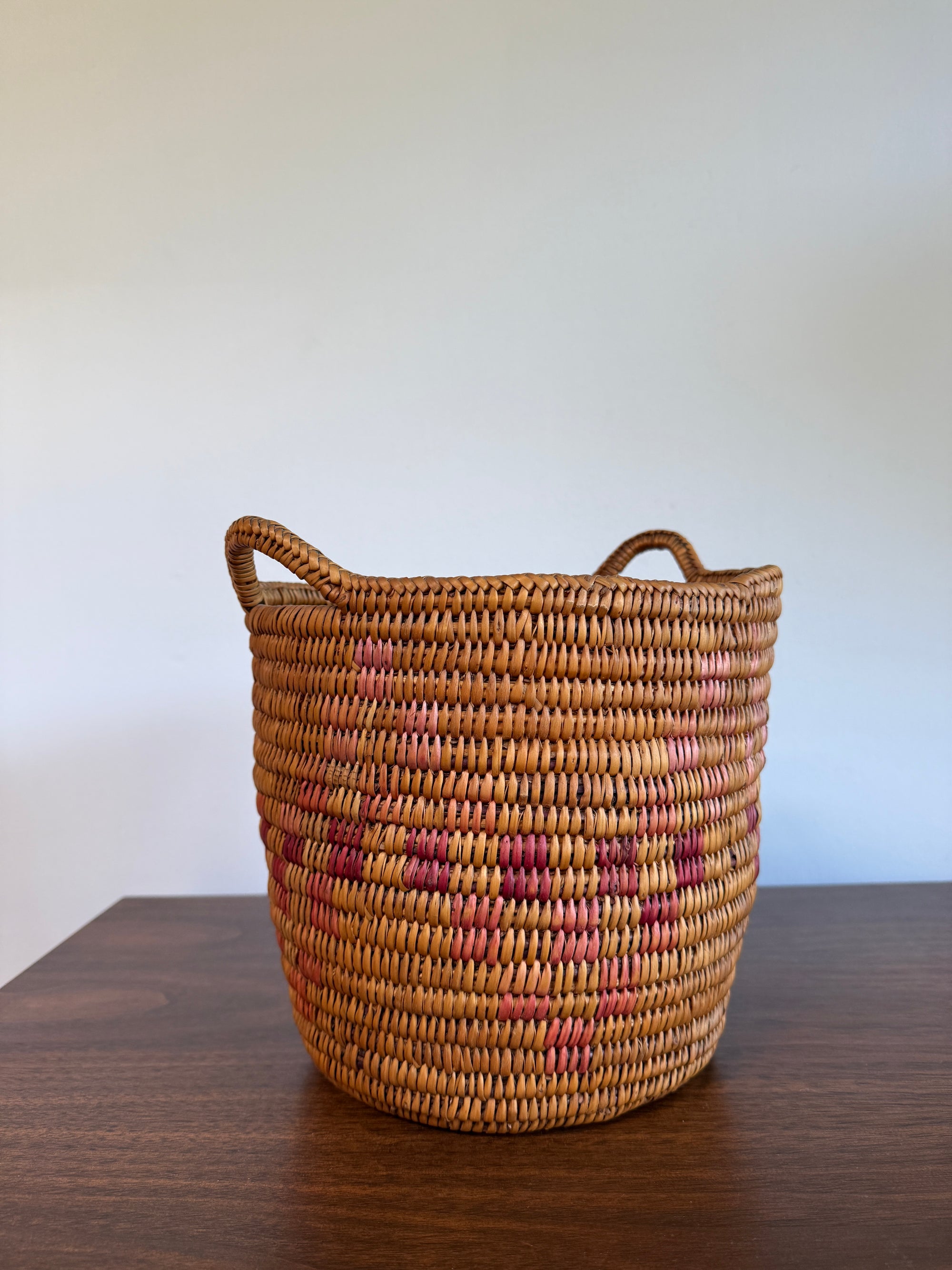 Vintage Jicarilla Apache Coil Handmade Basket With Handles | Native American Pattern Basket