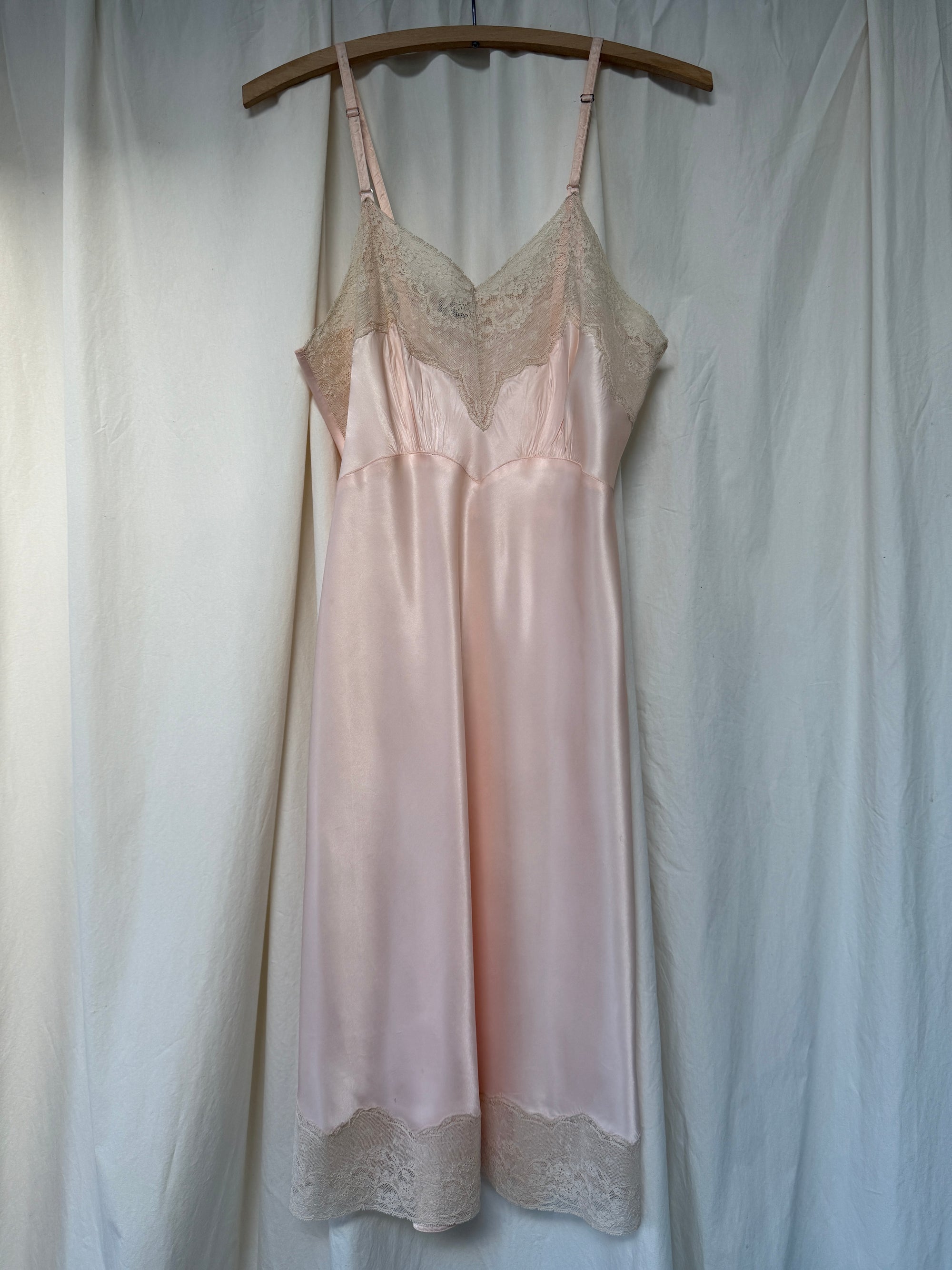 Vintage 1930’s Silk Rayon Slip Dress | Romantic Blush Pink Lace Trim Luxury Lingerie