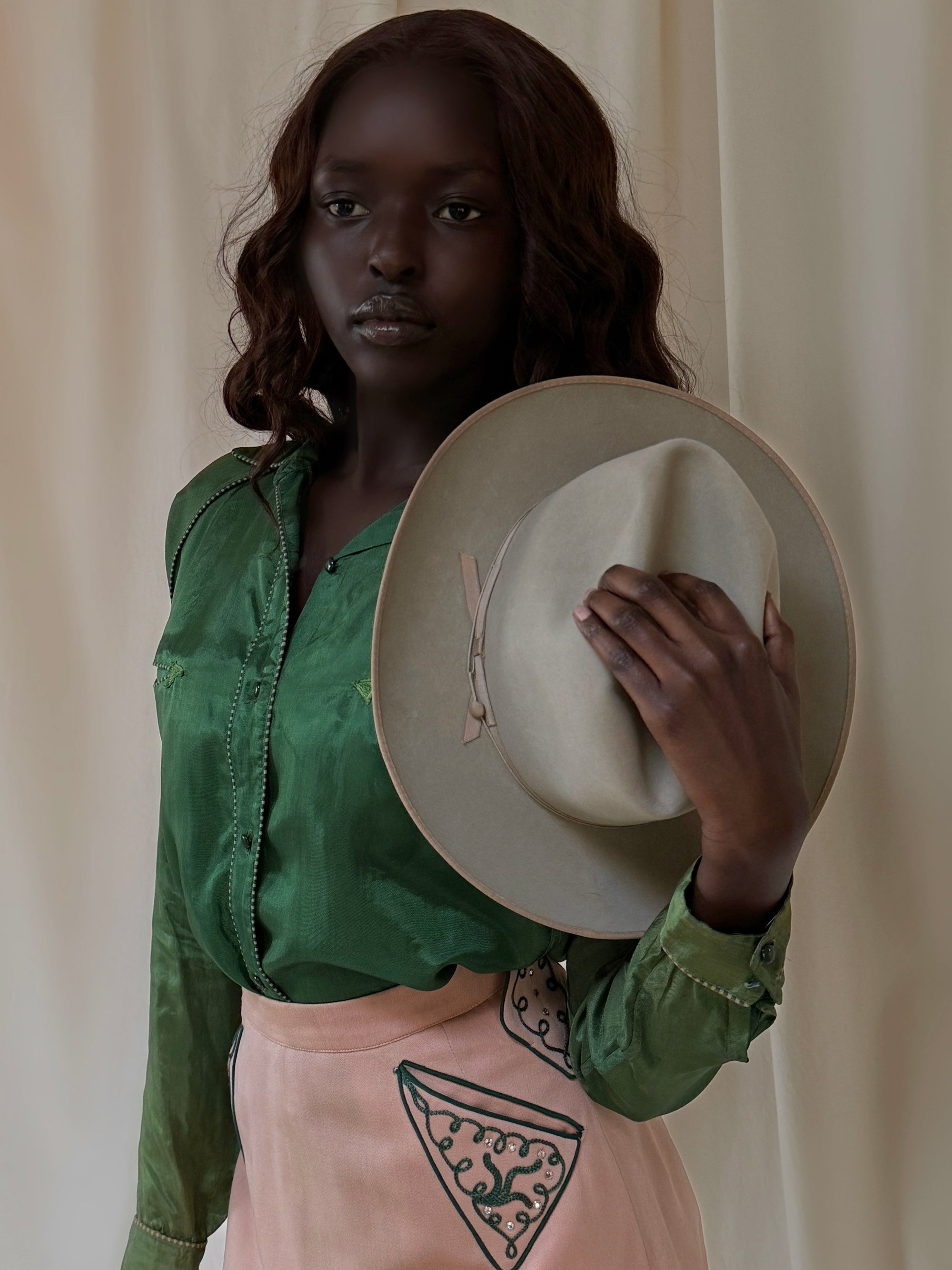 Vintage 1940's Gabardine Hollywood Western Skirt | Chain Stitch Embroidery, Rhinestones &amp; Suede Fringe