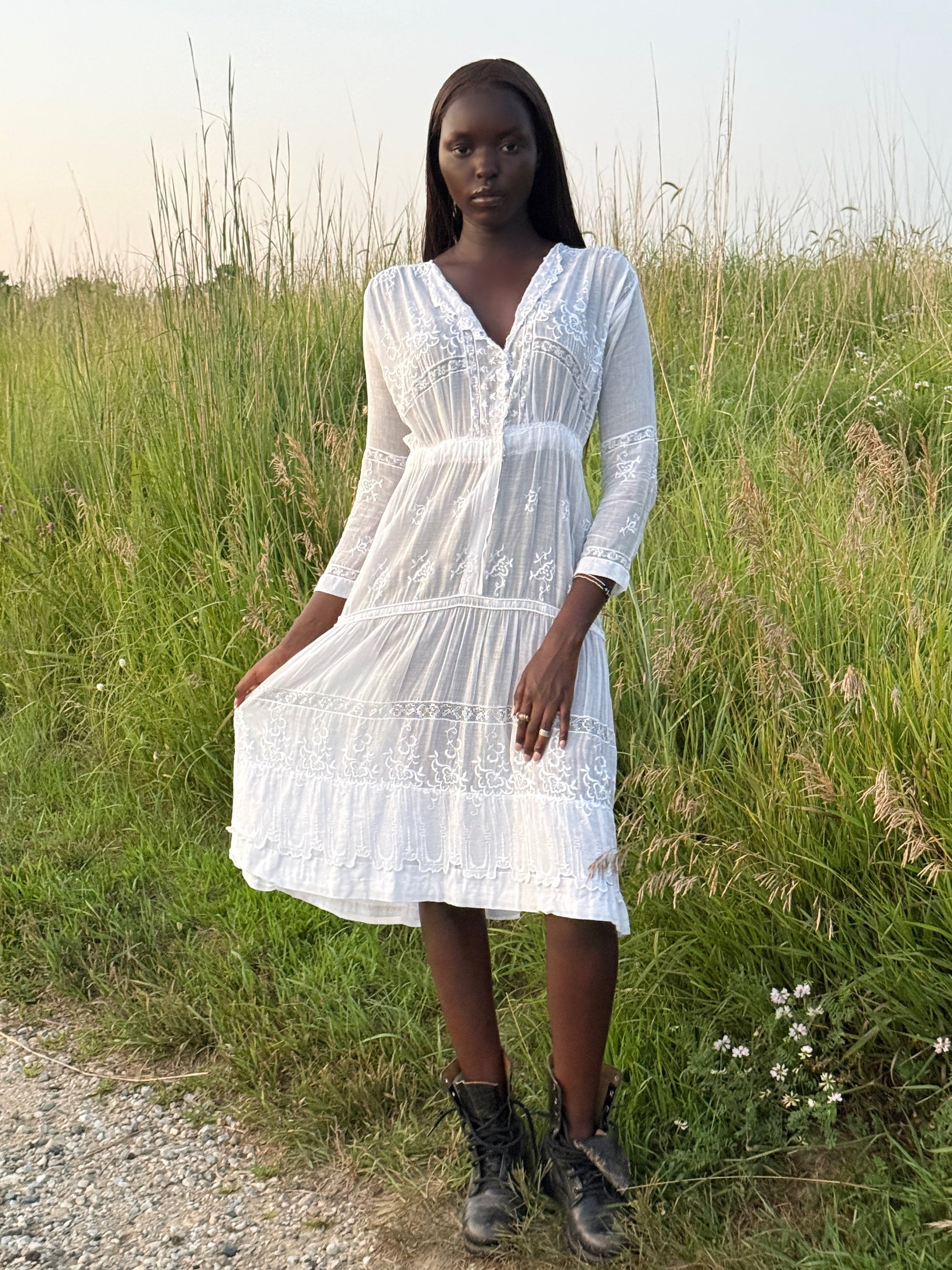 Vintage 1900s Antique Edwardian White Embroidered Cotton Lawn Dress | Hand Embroidered Lace Heirloom Tea Dress