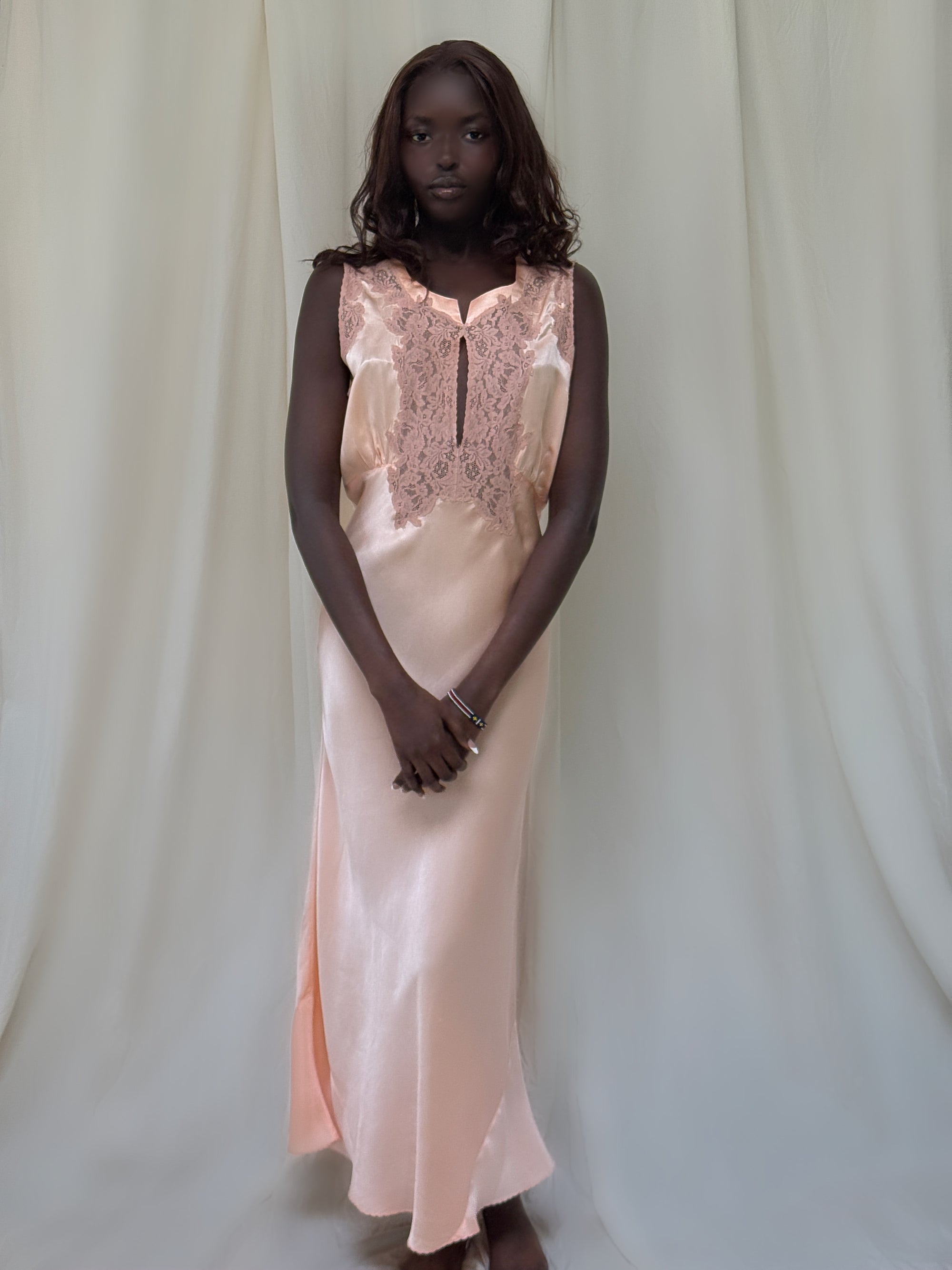 Vintage 1930’s Silk Rayon Bias Cut Lace Slip Dress | Old Hollywood Glamour Keyhole Silk Nightgown