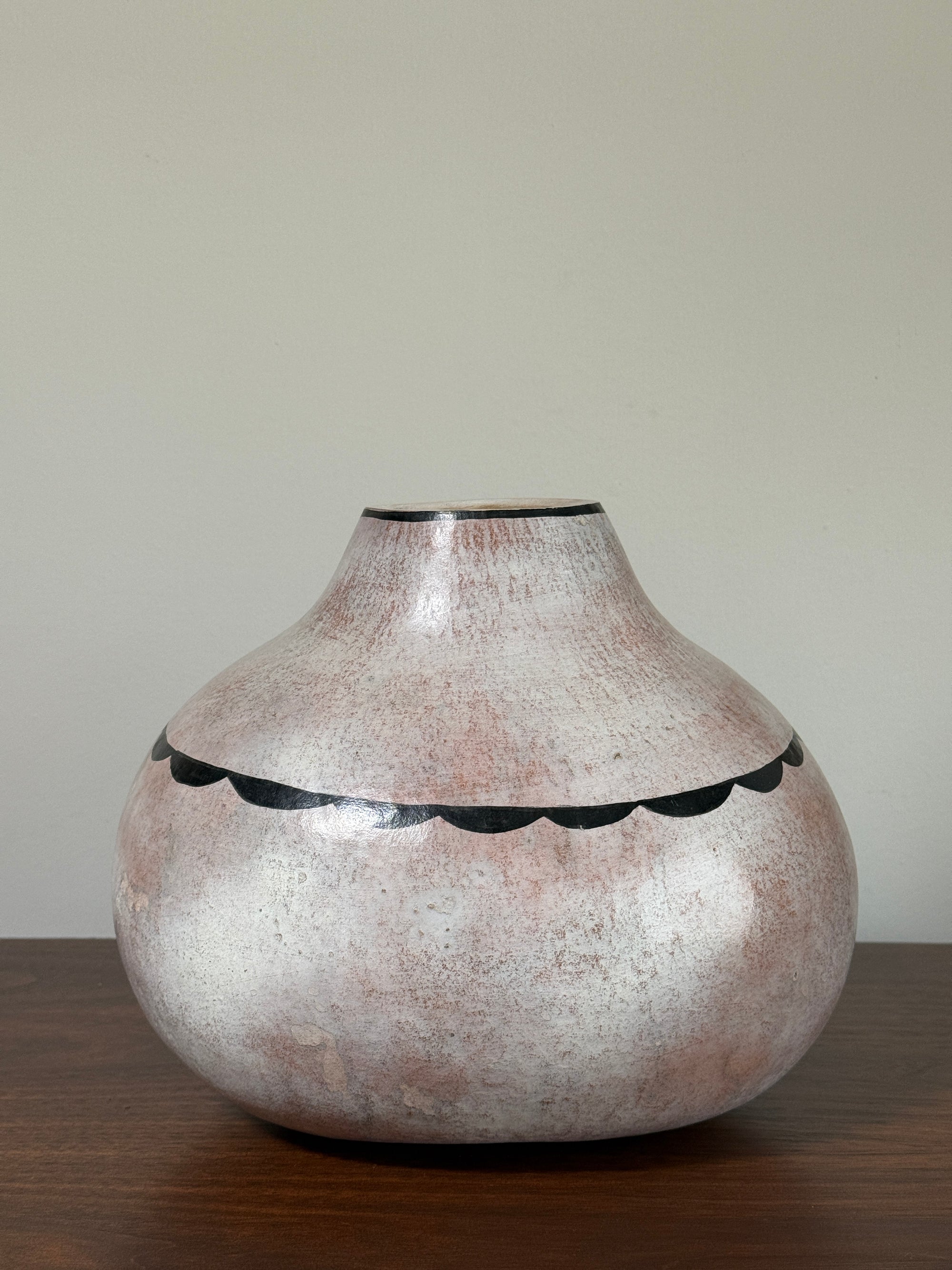 Vintage Robert Rivera Large Painted Gourd Vase | Mimbres Design Turquoise Inlay Hand Painted Bowl