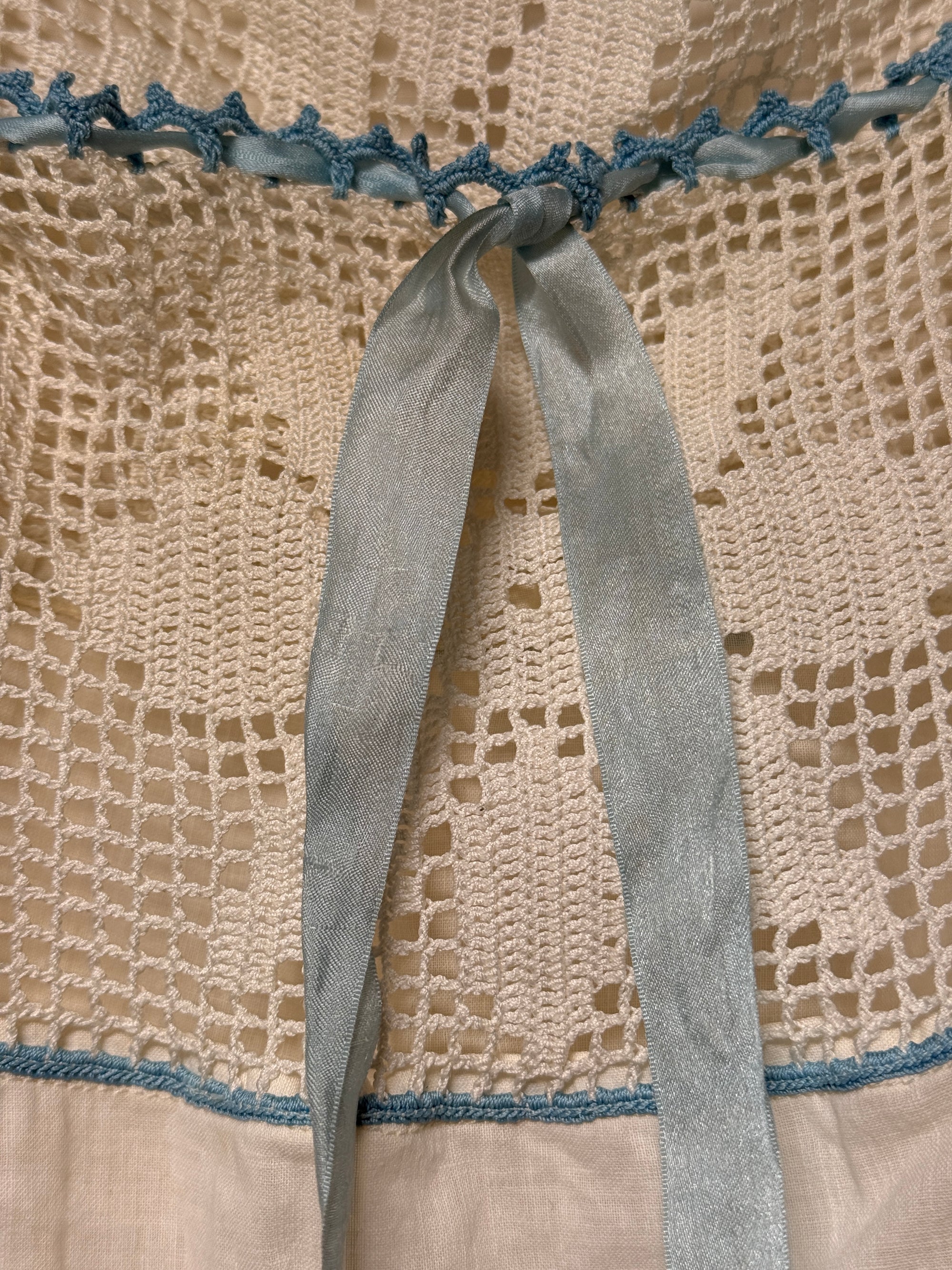Vintage Edwardian Crochet Lace Blouse | White Cotton Ruffle Top with Blue Ribbon | Antique Romantic Cottagecore Boho