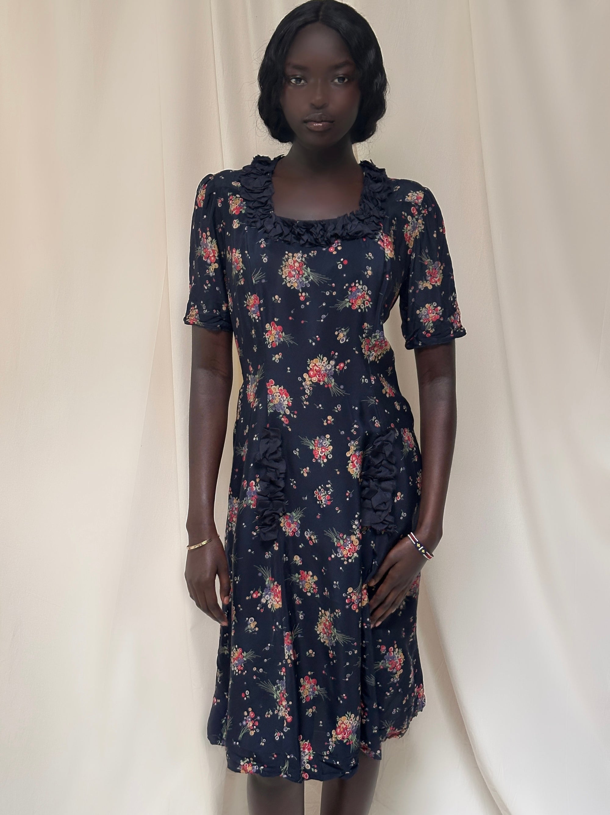 Vintage 1940s Navy Floral Silk Dress | Ruffle Trim Day Dress