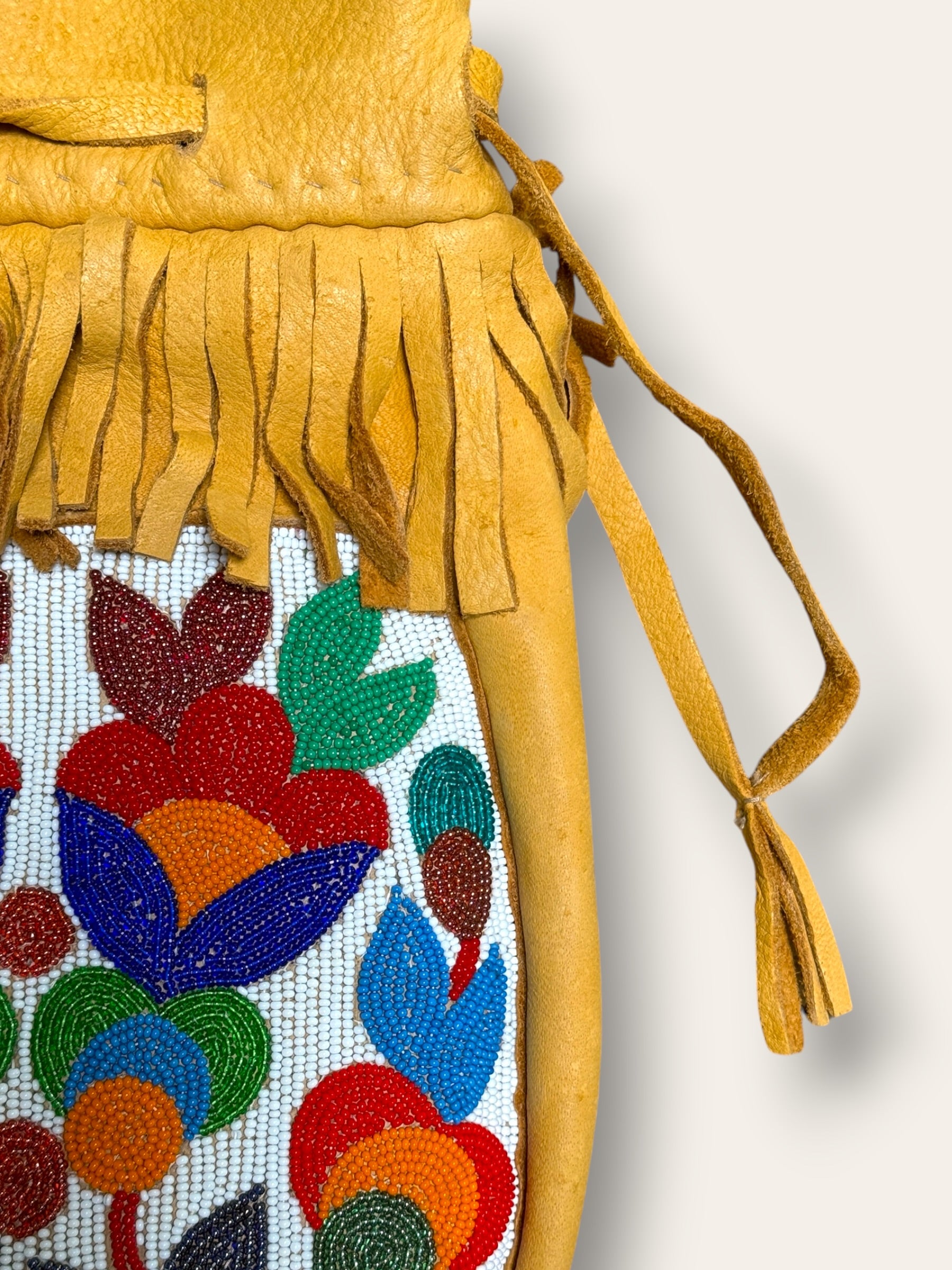 Vintage 1950s Northern Plains Medicine Bag Native American Beaded Leather Bag | Floral Seed Bead Design | Handmade Tribal Art Purse