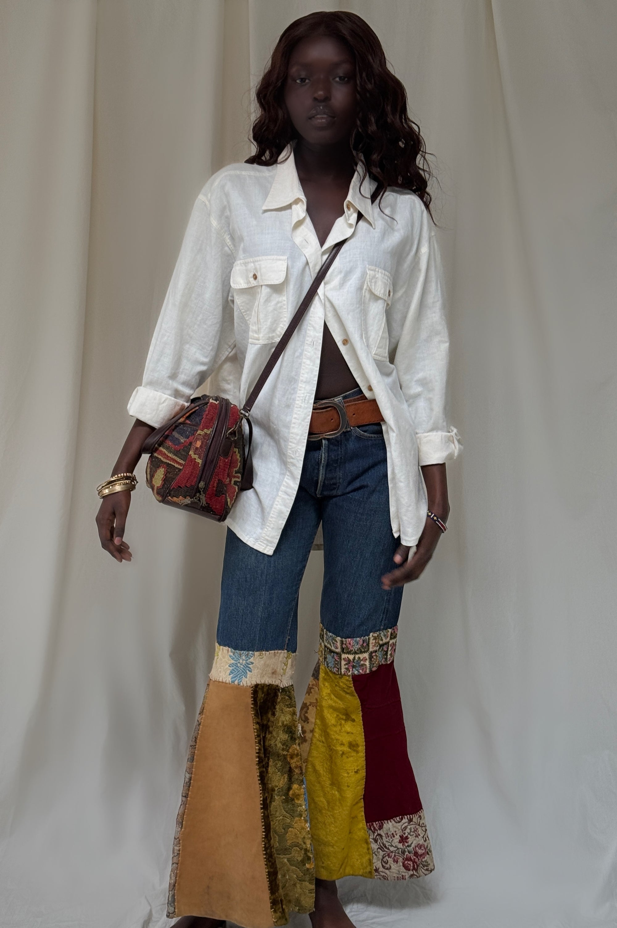 Vintage 1960s Levi’s 501s Big E Hippie Patchwork Denim Jeans | Bell Bottom Folk Art Custom Denim Pants W:26