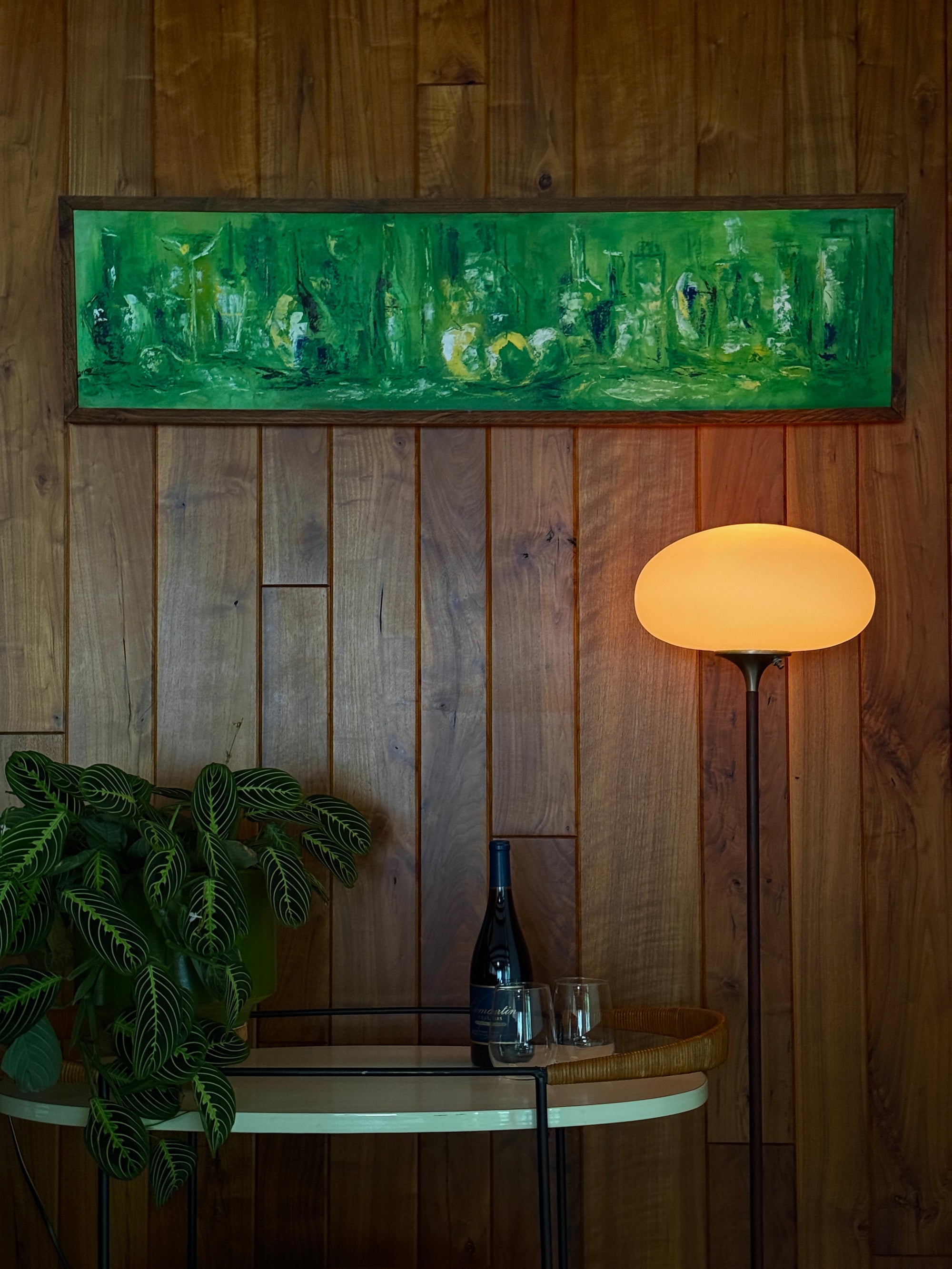 Vintage 1960s Mid-Century Modern Abstract Bar Scene Panoramic Painting | MCM Signed B. Gregor 1965