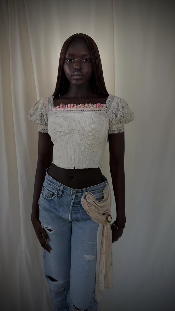 Antique 1800s Corset Cover Blouse | Victorian Lace Puff Sleeve Top