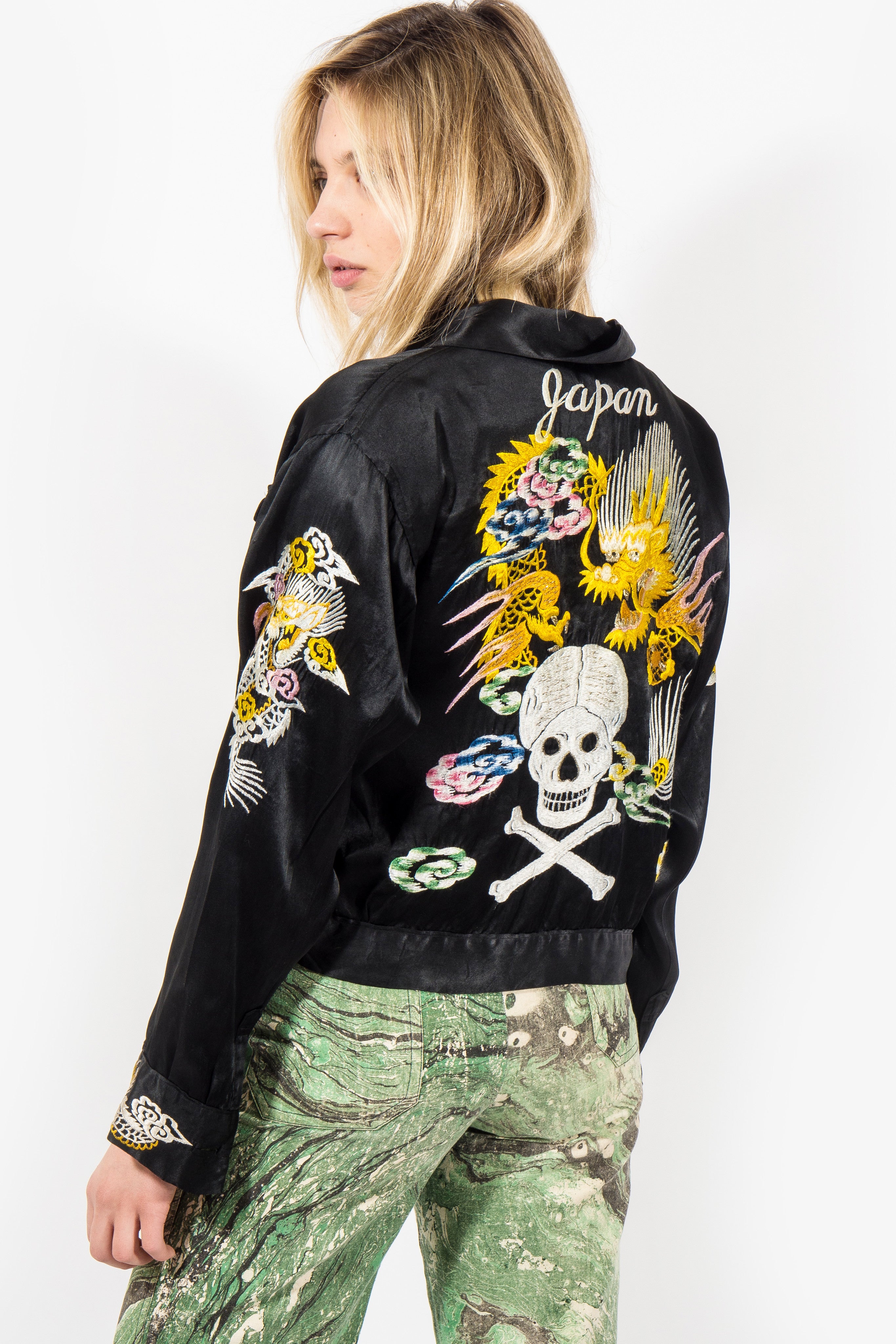 Japanese SCRIPT 限定 美品 スカジャン unisex Satin Hanatabi Gakudan Men's Japanese Souvenir Jacket Phoenix Hi