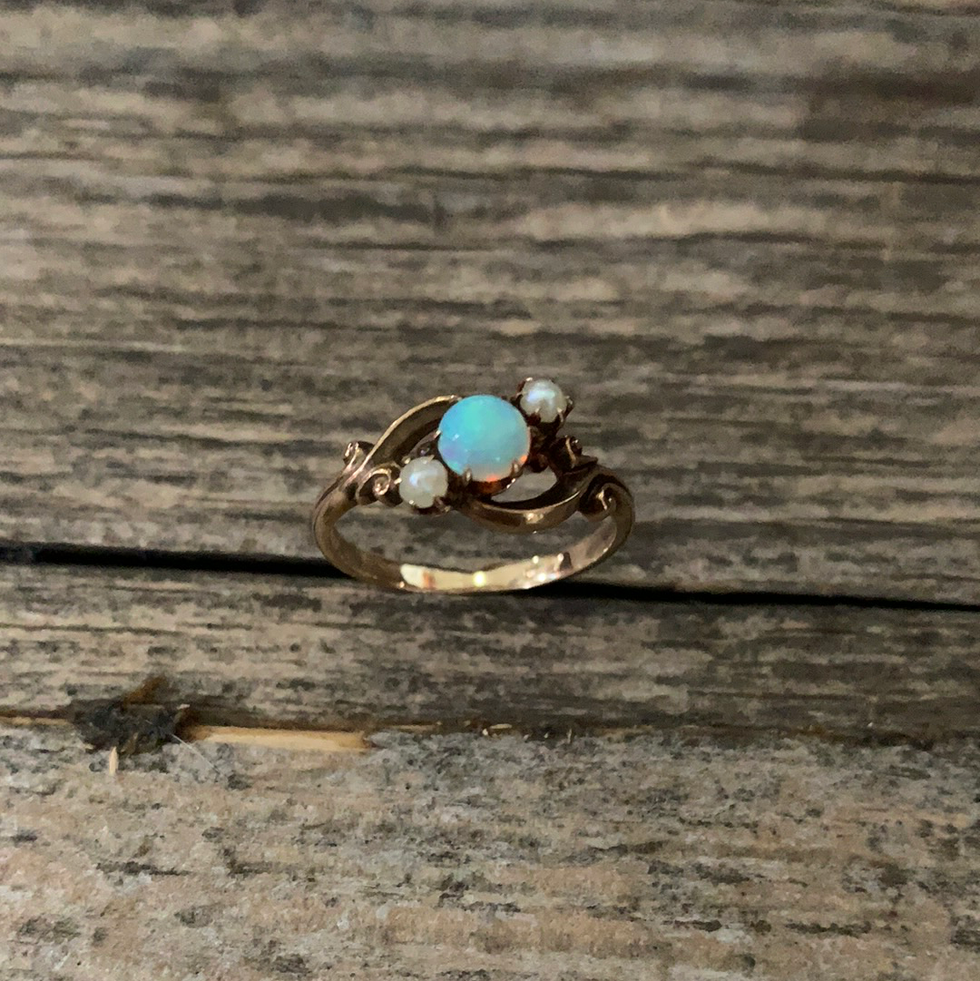 Victorian Opal &amp; Seed Pearl Gold Ring Size 5.75