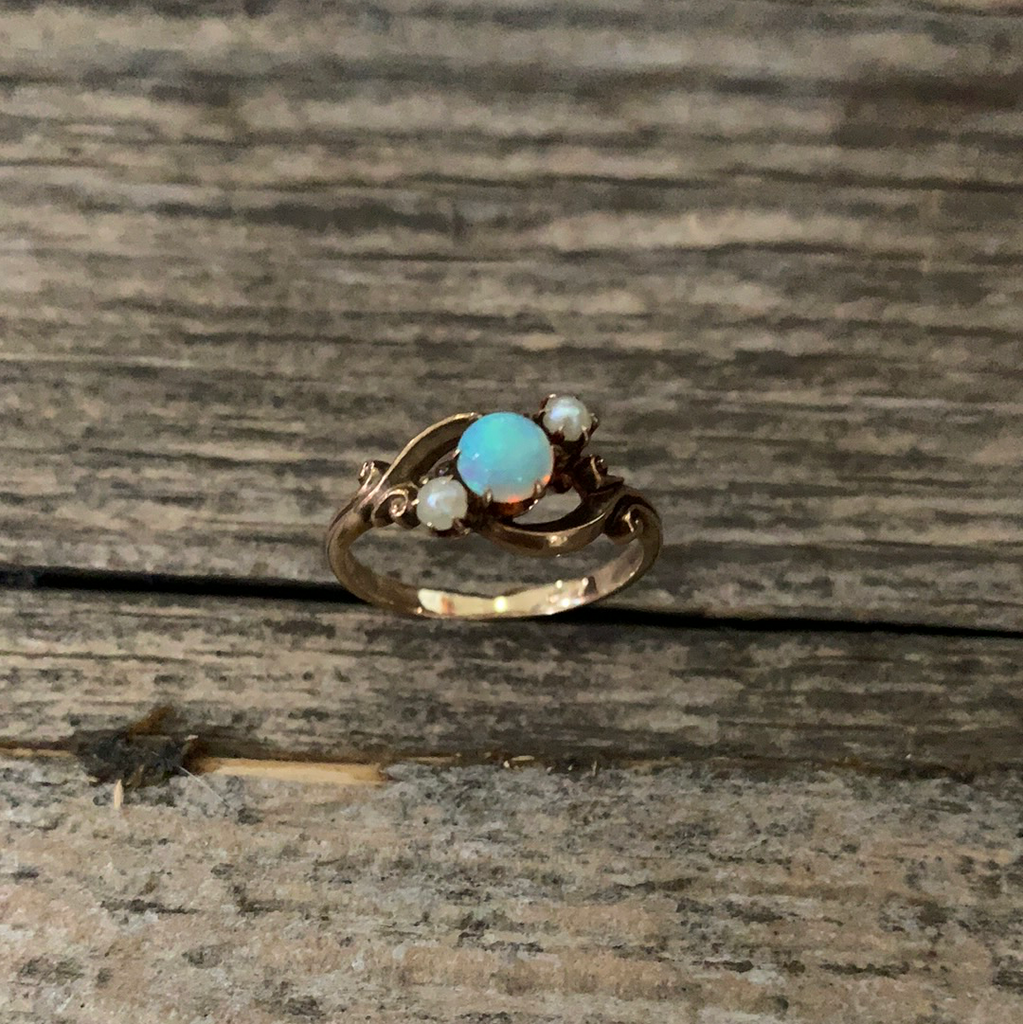 Victorian Opal & Seed Pearl Gold Ring Size 5.75
