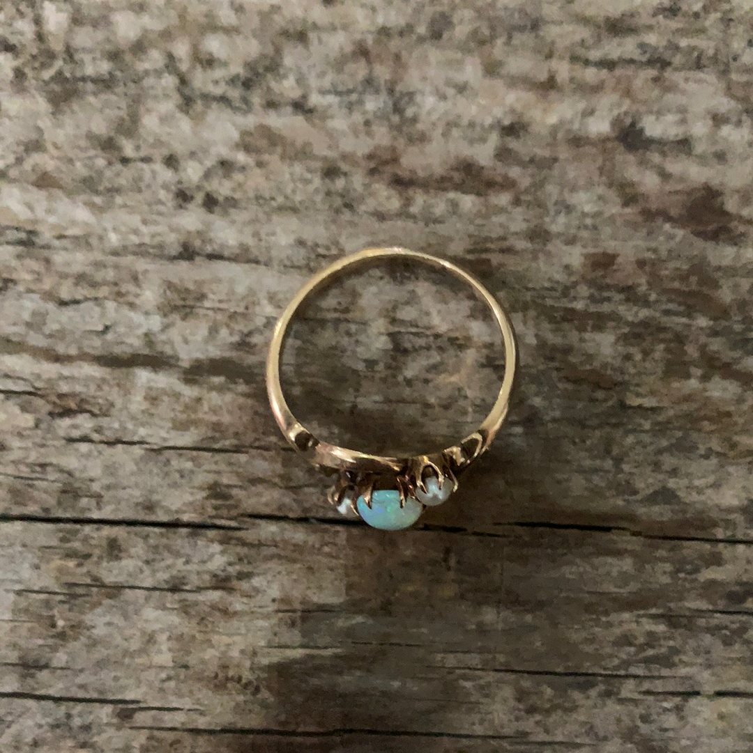 Victorian Opal &amp; Seed Pearl Gold Ring Size 5.75