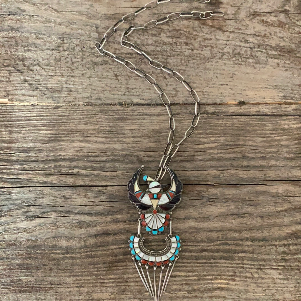 Vintage Native American Niiha Zuni Inlay Silver Necklace