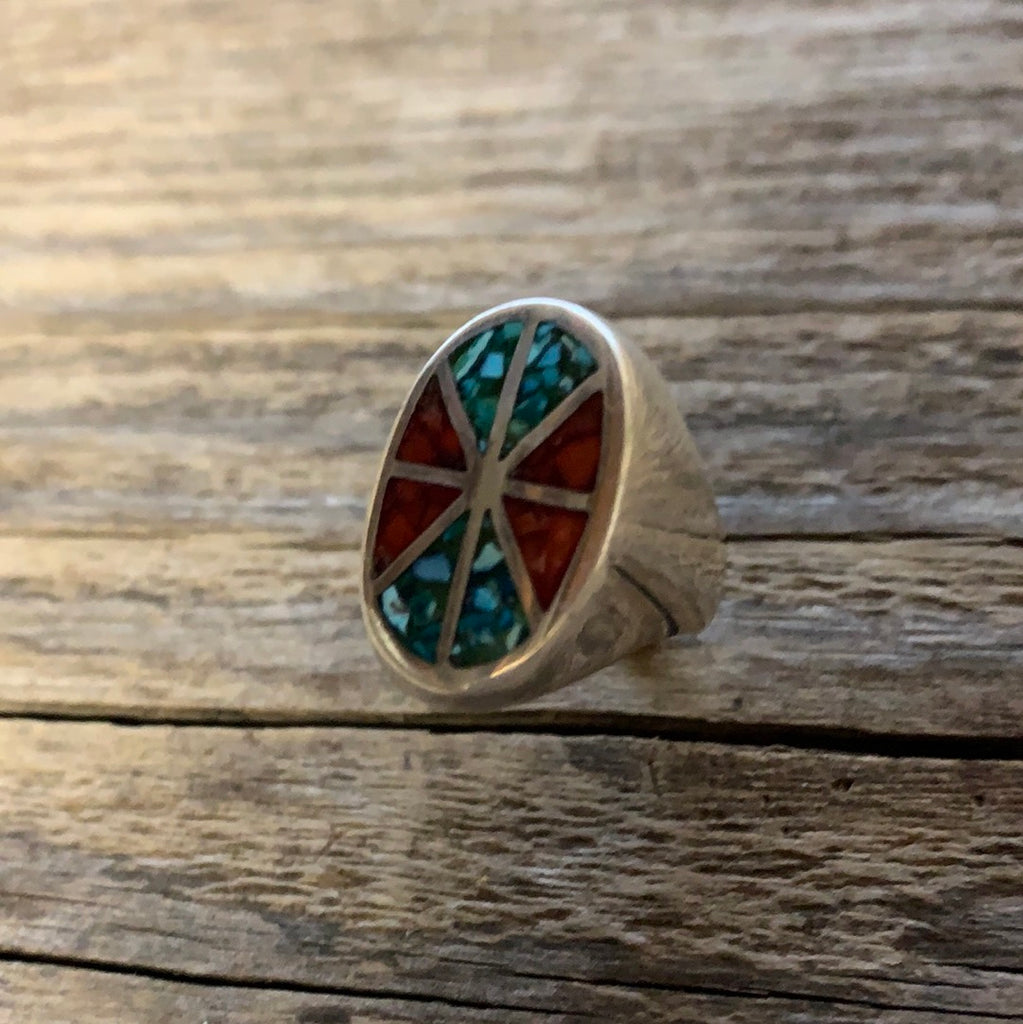 Vintage Native American Silver Coral & Turquoise Inlay Pinky Ring Size 4.5