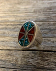 Vintage Native American Silver Coral & Turquoise Inlay Pinky Ring Size 4.5