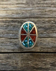 Vintage Native American Silver Coral & Turquoise Inlay Pinky Ring Size 4.5