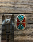 Vintage Native American Silver Coral & Turquoise Inlay Pinky Ring Size 4.5