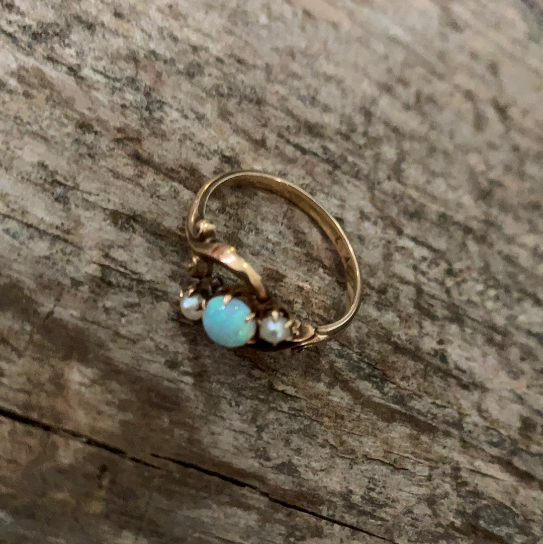 Victorian Opal &amp; Seed Pearl Gold Ring Size 5.75