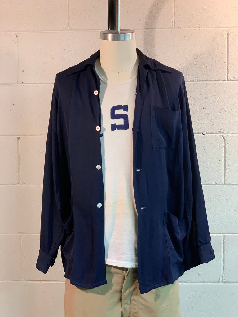 1950’s Solid Navy Blue Hawaiian Shirt Jacket By Mack