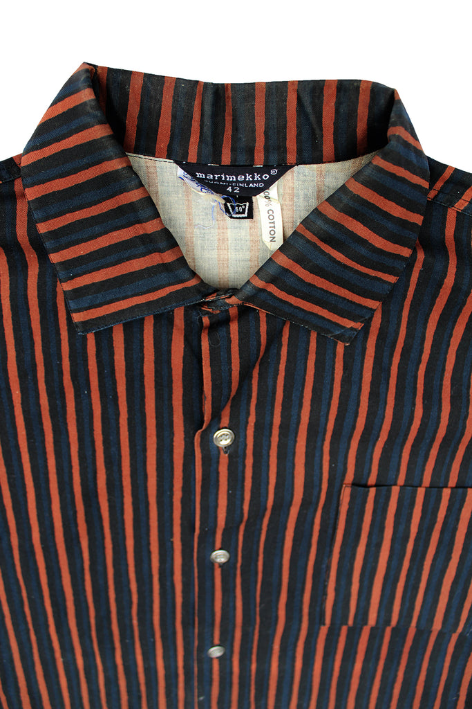 Vintage 60's Marimekko 100% Cotton Dress Shirt Brown/Indigo Stripe